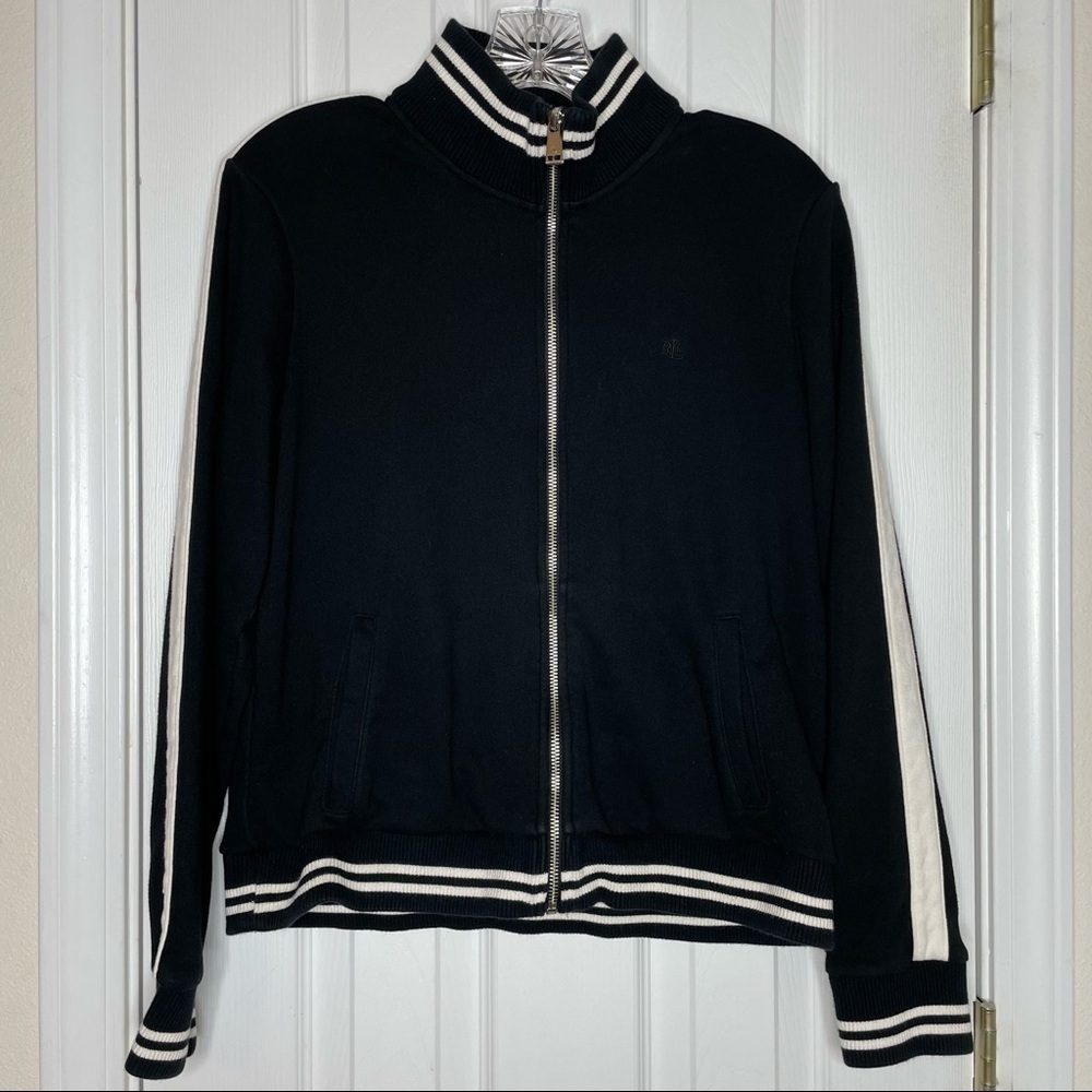 Lauren Ralph Lauren Black White zipper down hoodie sweater jacket PM